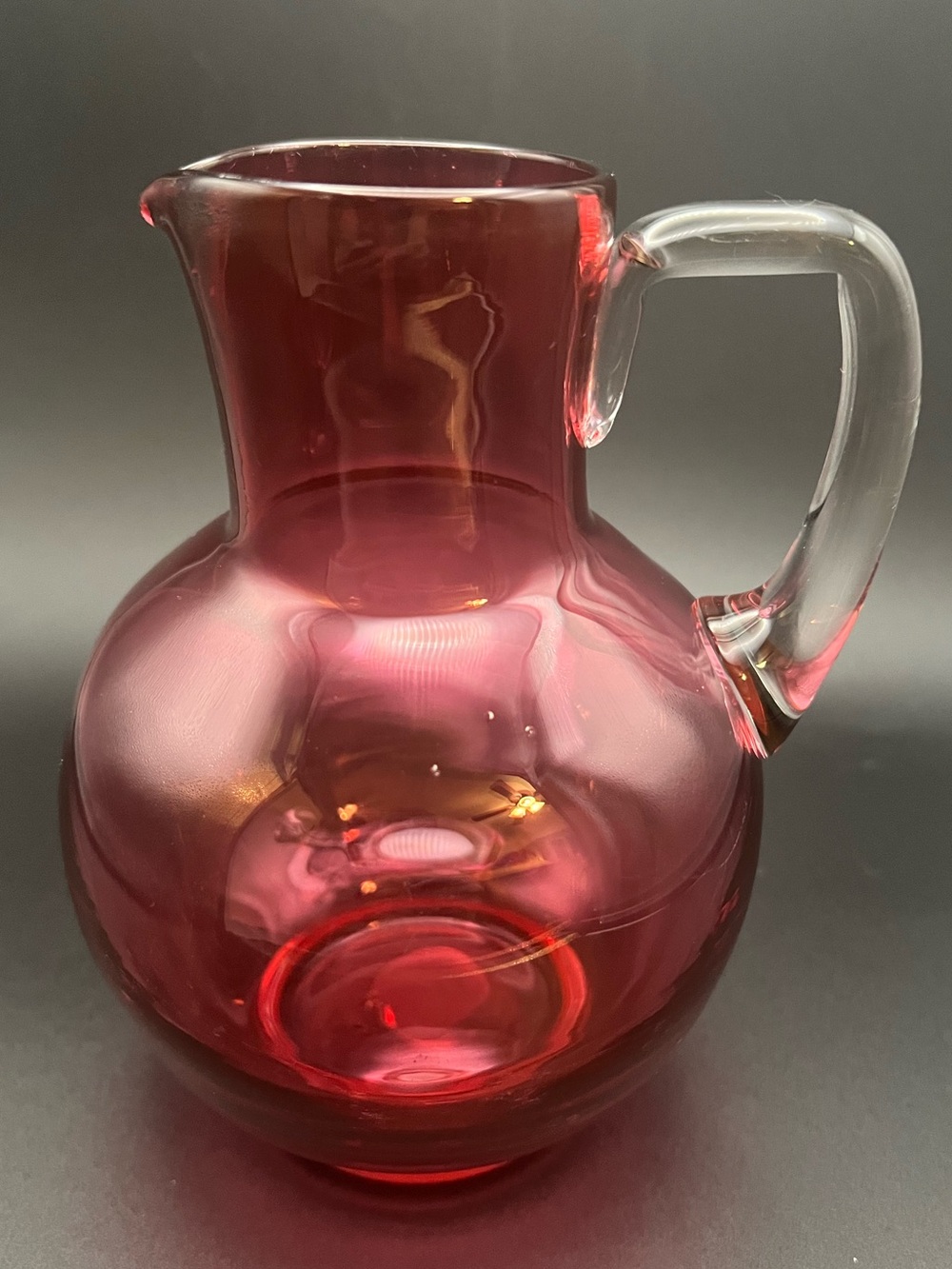 ✨ Antique Victorian Cranberry Glass Pitcher Jug Applied Clear Handle Hand Blown